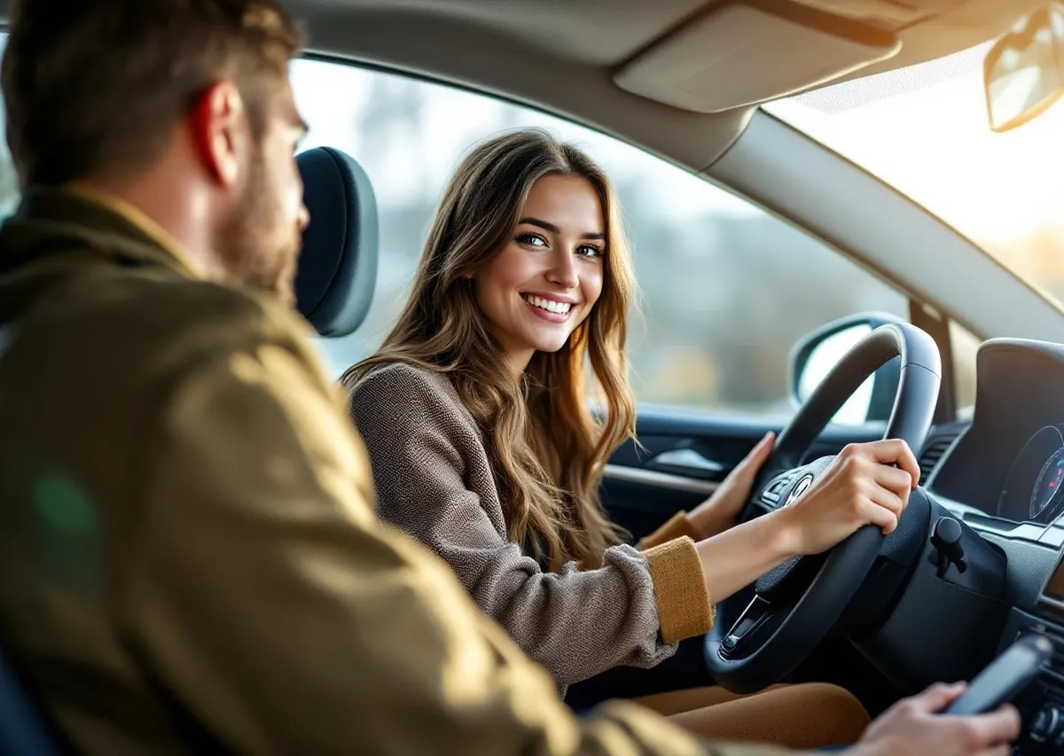 Fahrschülerin am Steuer während einer Fahrstunde mit Fahrlehrer