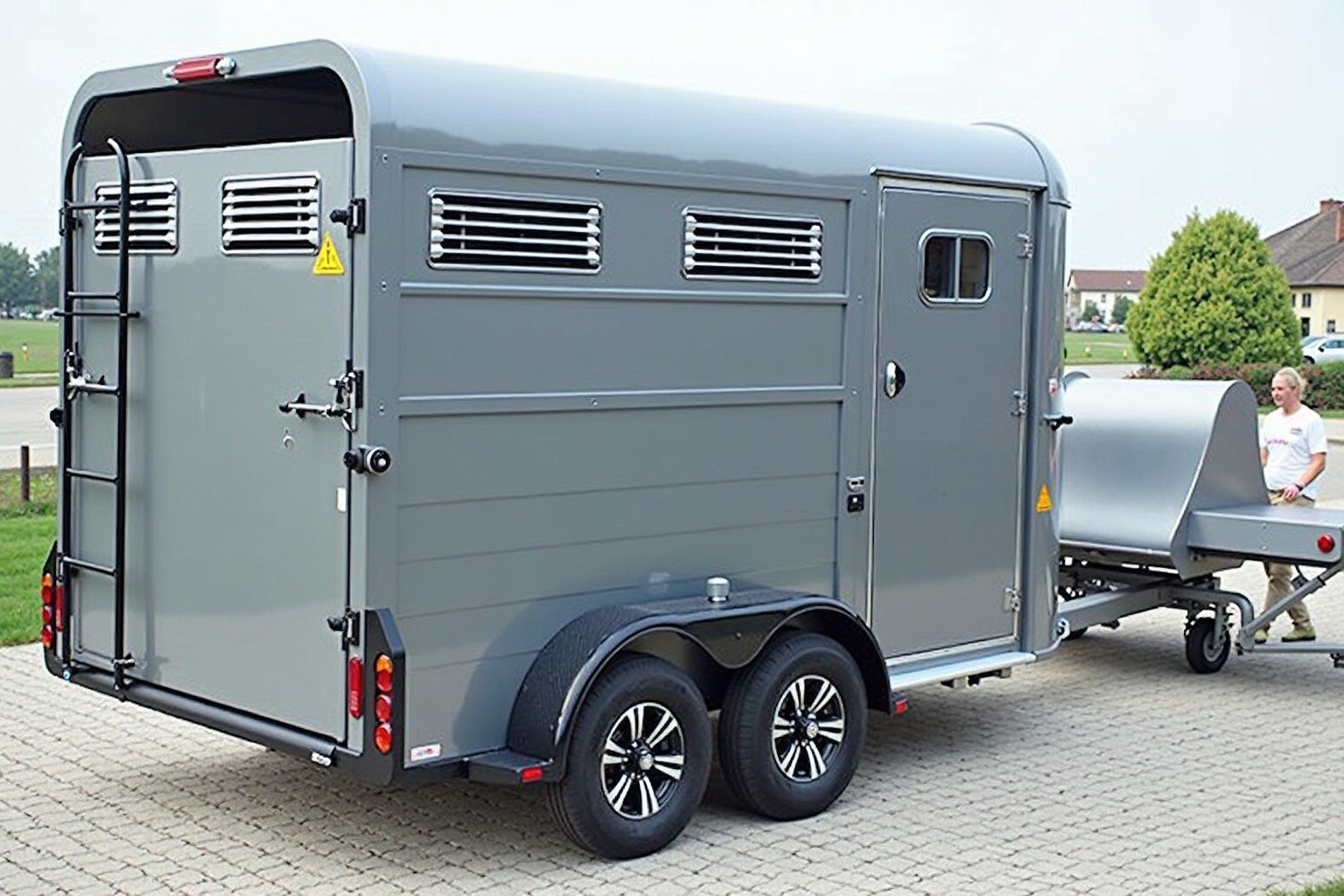 Pferdeanhänger angekuppelt an einen Geländewagen auf einem Reiterhof